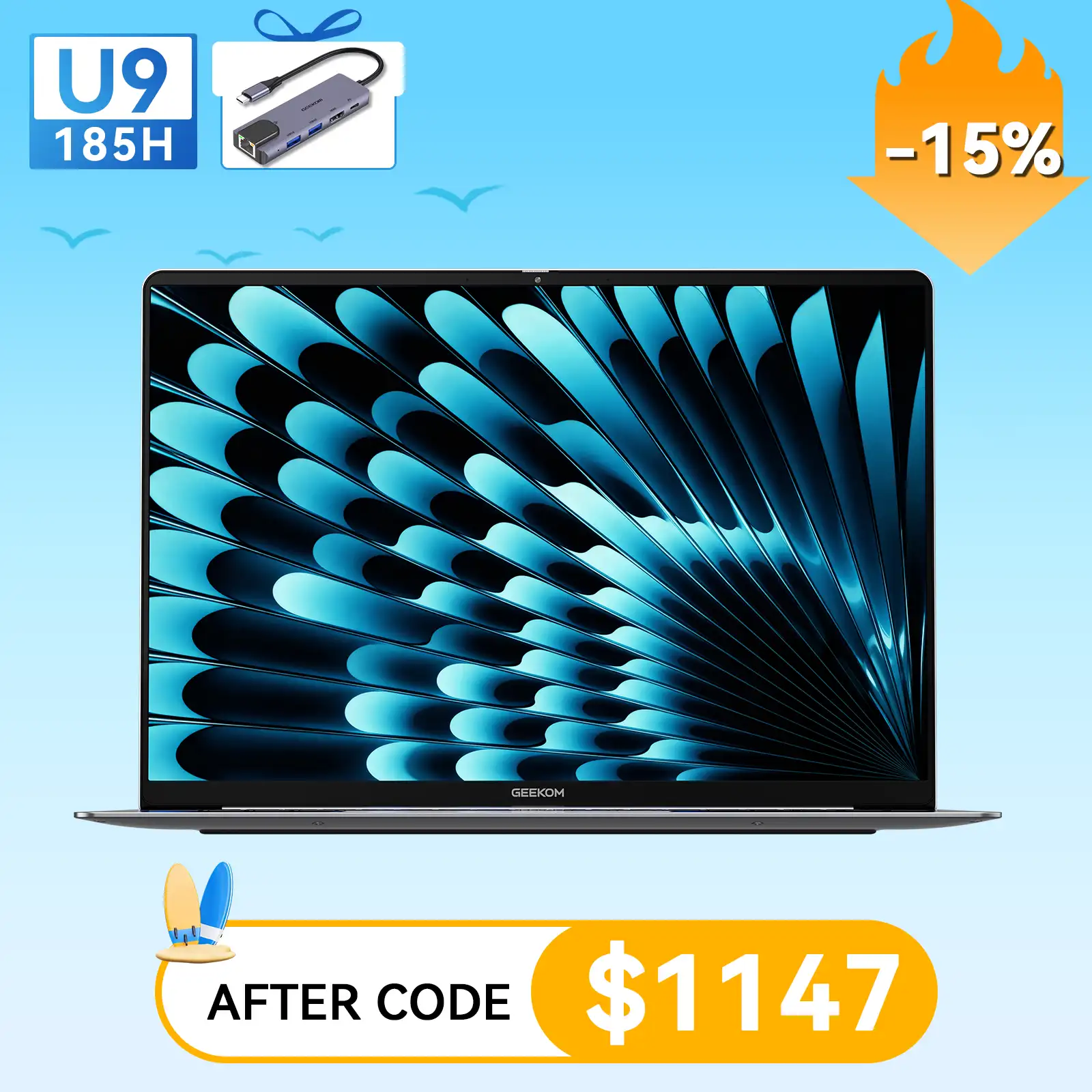 GEEKOM X16 pro laptop summer sale U9 185H after code 1147